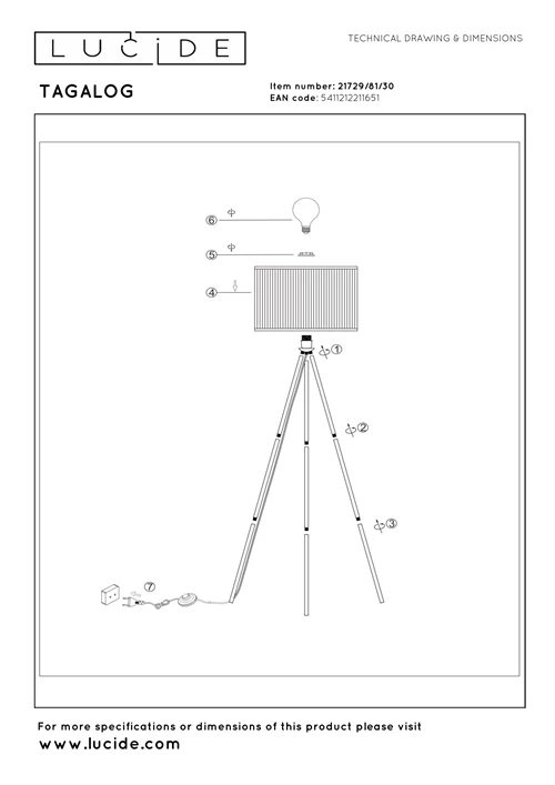 Lucide TAGALOG - Stehlampe - Ø 55 cm - 1xE27 - Schwarz - technisch
